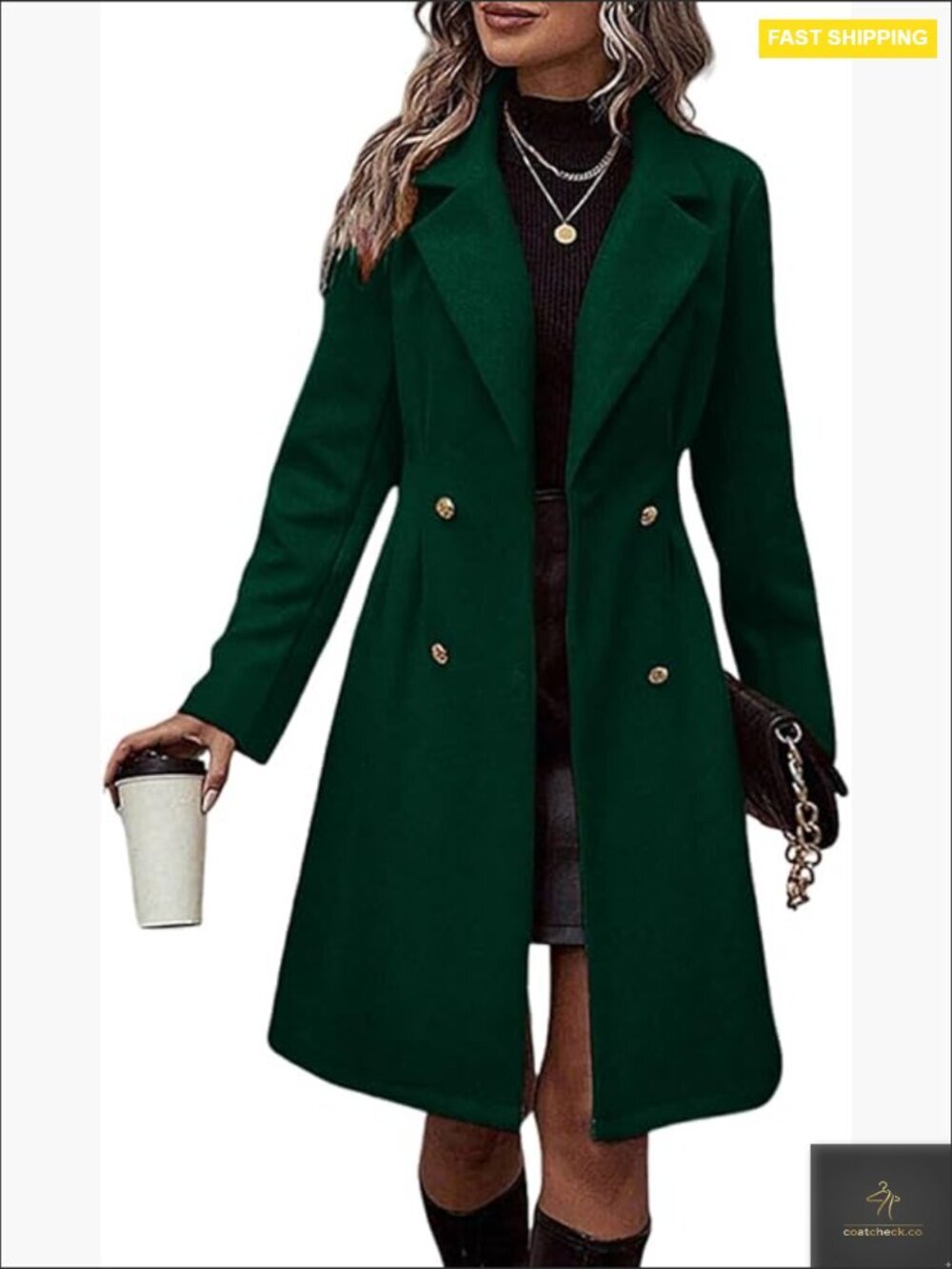 Double Breasted Wool Pea Coat Notched Lapel Elegant Classic Slim Fit Overcoat
